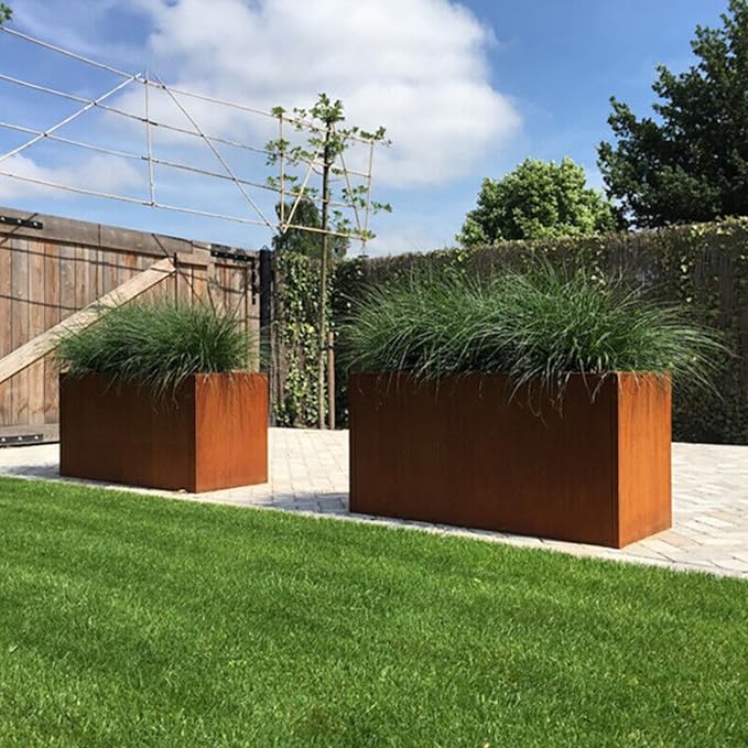 GZLVSOW Corten Steel Corner Metal Planter Box L32 x W12 x D16 Garden Steel Planter Pot for Patio Modern Farmhouse Rustic Design (L32 x W12 x D16, Rusted)