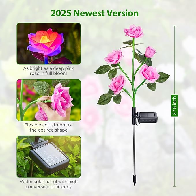 RECHOO Solar Garden Lights Outdoor Decorative, 3 Pack Solar Flower Lights with 15 Rose Flowers, Multi-Color Changing LED Waterproof Garden Decor for Landscape Pathway, Valentine's Day Gifts for Women