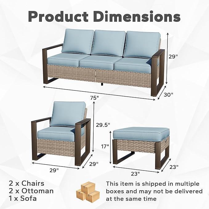 Joyside Outdoor Patio Chairs, 5 Pieces Wicker Rattan Furniture Set, 2 Patio Chairs, 1 Sofa and 2 Ottoman, Metal Wide Armrest, Thick Cushions and Deep Seating for Garden, Backyard, Porch, Deck