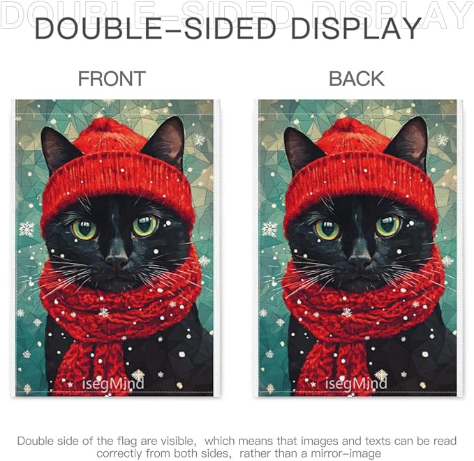 Black Cat with Red Scarf and Hat Snowflake Christmas Garden Flag, 28x40 Inch Double Sided Linen Holiday Red Winter Farmhouse Yard Outdoor Decoration (4331)
