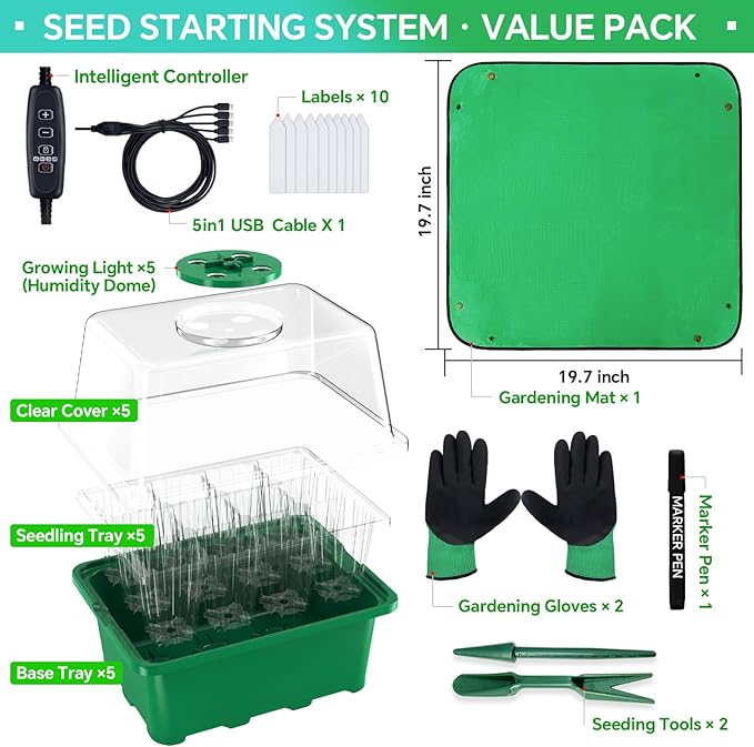 5 Packs Seed Starter Tray with Grow Light, (Value Pack), 60 Cells Seed Starter Kit with Heightened Lid, Adjustable Humidity Domes,Garden supplies for Plant Flower Vegetable Seeds Germination