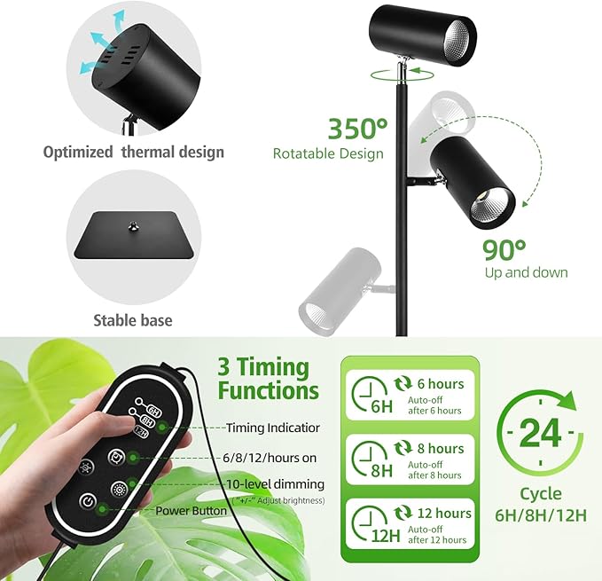 90W Dimmable Grow Light, Full Spectrum COB LED Triple-Head Floor Lamp with High PPFD&CRI, 6/8/12H Timer, Adjustable Height (43"-83") & Angle – Standing Grow Lights for Indoor Plants (6000K Daylight)