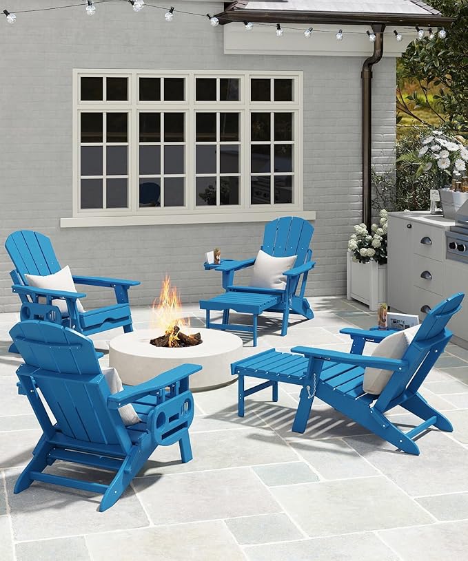 Adjustable Adirondack Chair with Retractable Ottoman Set of 4, HDPE Folding Adirondack Chair with Cup Holder, All Weather Fire Pit Chair for Outdoor.