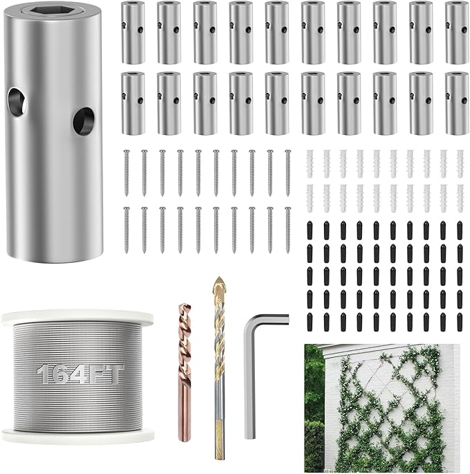 PLANTOP Wire Trellis for Climbing Plants Outdoor, 20 Set Wall Trellis Kit with 1/8" x 164ft Stainless Steel Cable, T316 Cylindrical Espalier System Cable Trellis Kit for Green Wall Fence DIY Projects