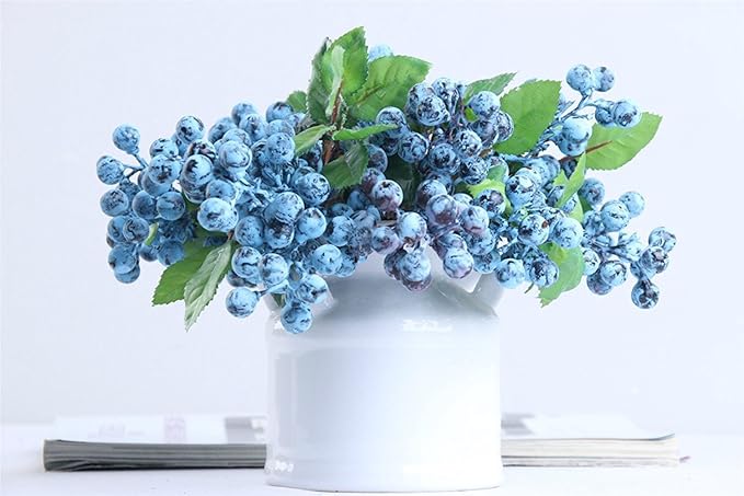 6 Pcs Artificial Blueberries Fake Blue Berries Fruit Blueberry Artificial Flowers Plant for Home Wedding Office Party Decor, 9.1 Inches