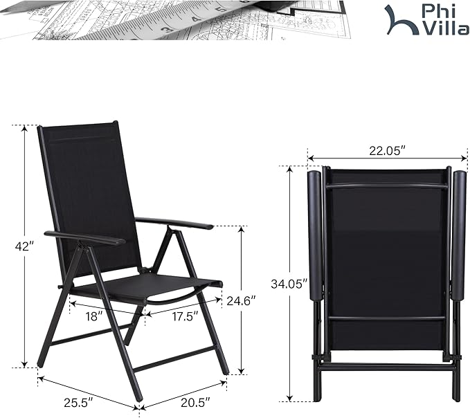 PHI VILLA Outdoor Patio Folding Chairs Set of 6, Portable Patio Dining Chairs with Adjustable Backrest for Outside, Garden, Lawn & Yard, No Assembly, Black