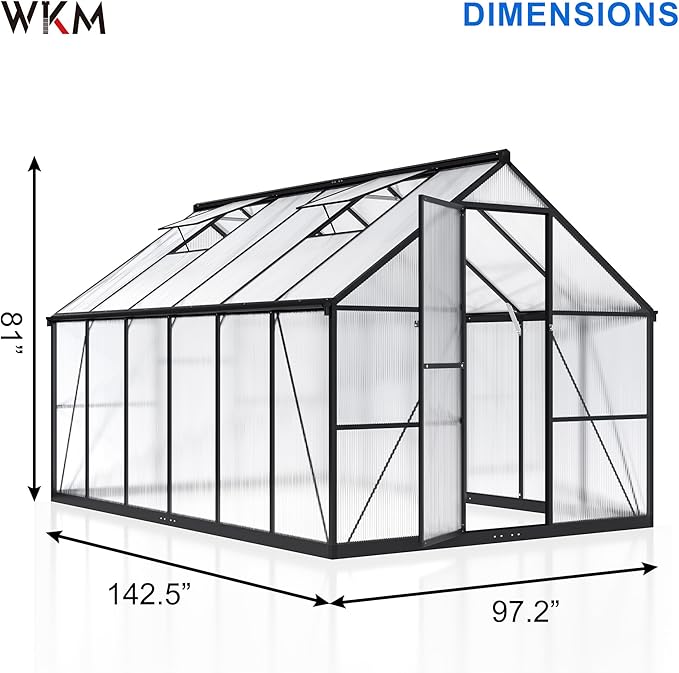 WKM 8x12 FT Greenhouse for Outdoors, Quick-fit Structure Polycarbonate Green House with Window for Ventilation, Walk-in Aluminum Greenhouse for Outside Garden Backyard, Black