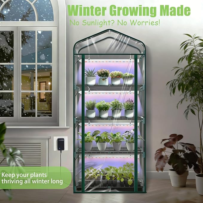 Mini Greenhouse with Grow Light , 4 Tier 27.2" L×19.9" W×61.8" H Portable Greenhouse with Zippered PVC Cover for Seed Starting Trays , Dimmable 2ft 60W Plant Light for Indoor Plant with Timer