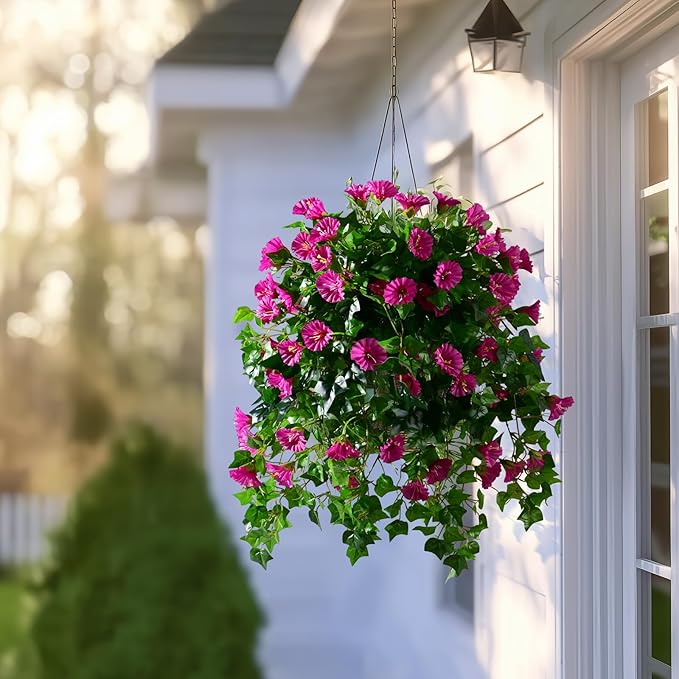 Morning Glory Artificial Hanging Flowers for Outdoors 3 Pcs Fake Petunias Flower Faux Silk Long Trailing Vines Realistic Flower for Front Door Porch Patio Balcony Garden Yard Decor (3 Pcs Fuchsia)