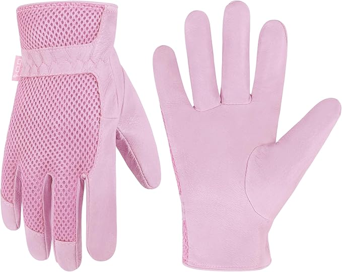 HANDLANDY Work Gloves for Women, Breathable Leather Gardening Glove for Yard Maintenance, Hand Protection with Touch Screen for Gardeners, Farmers