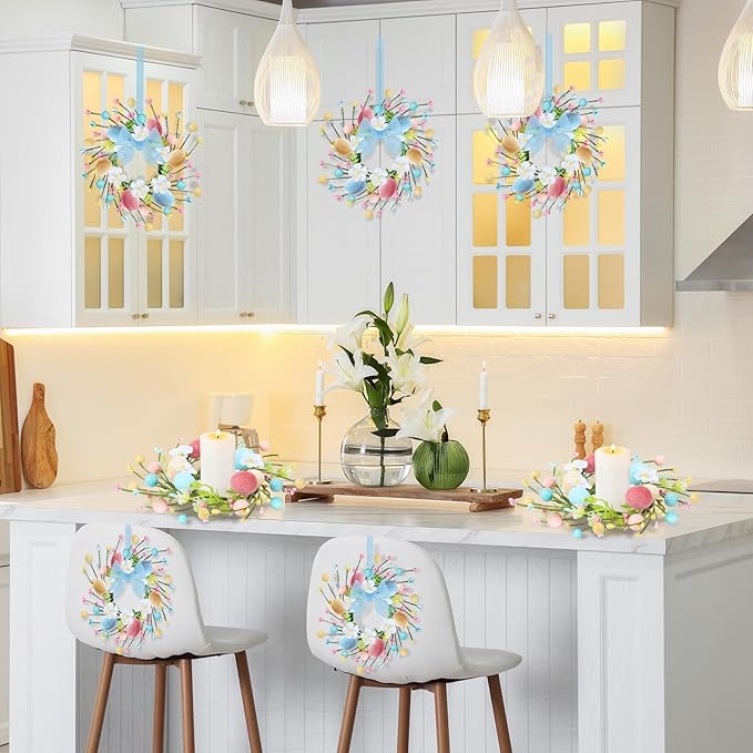 4 PCS Small Easter Wreaths for Kitchen Cabinet Mini Artificial Easter Colorful Egg Wreath for Front Door Spring Summer Hanging Wreath with Ribbon Flower Berry for Porch Window Wall Farmhouse Decor