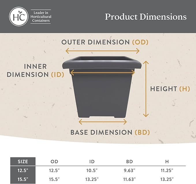 The HC Companies 15.5 Inch Accent Square Plant Pots with Drainage, Lightweight UV-Resistant Plastic Planters for Indoor & Outdoor Plants, 2-Pack Flower Pots for Garden, Office & Home Decor, Sandstone