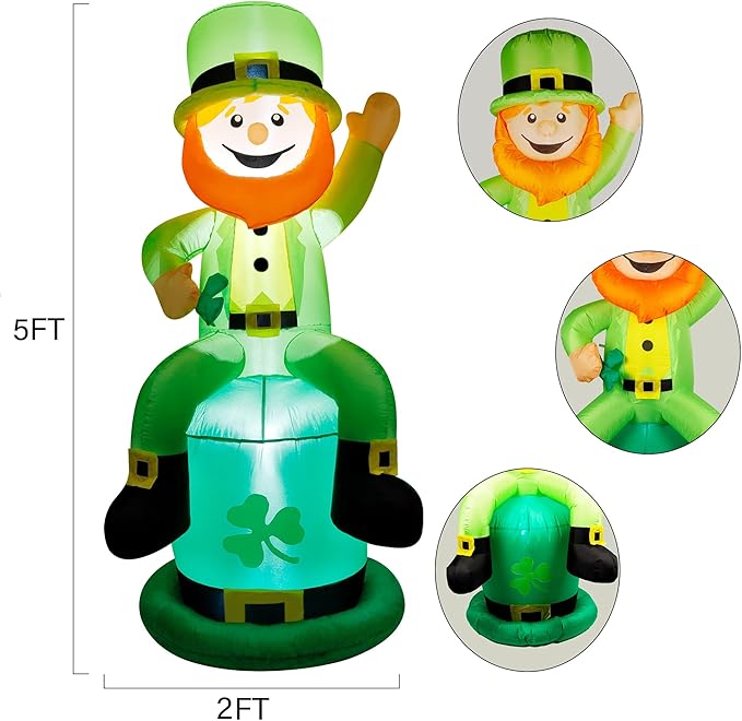 yofit 5 FT St. Patrick's Day Inflatable Leprechaun, Blow up Leprechaun Shamrock Outdoor Decoration with LED Lights, Perfect for Yard Garden Lawn Front Door Holiday Decor