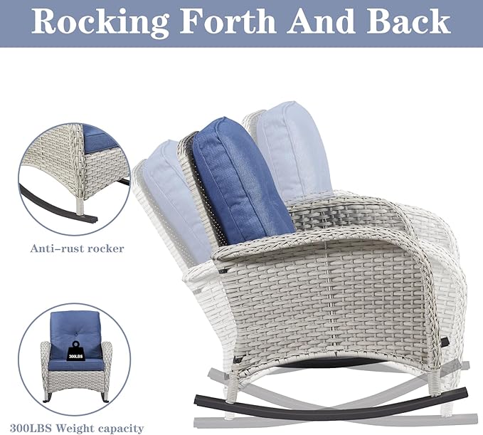 Belord Patio Rocking Chair Wicker Chair, 1 Piece Outdoor Rocking Chair Seating with Cushions for Porch Deck Balcony, Light Beige/Blue