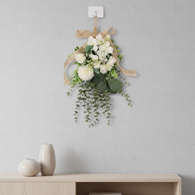 Teardrop Wreath, Large Floral Swag - Artificial White Eucalyptus and Chrysanthemum Hanging Bouquet for Front Door, Wall, and Wedding Decor