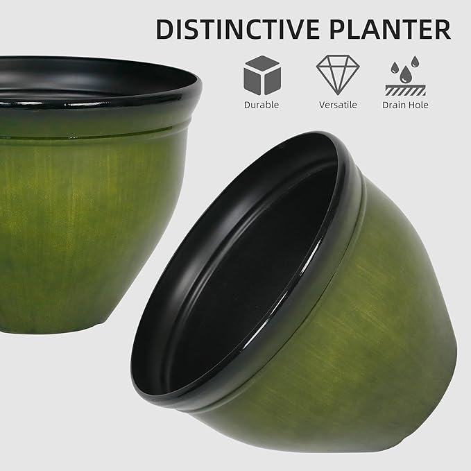 Worth Garden 12-Inch Dia. Round Green Plastic Planters with Drain Holes, 9.5-Inch Height - 4-Pack Glossy Finish Bell-Shaped Plant Pot – Lightweight Indoor/Outdoor Flower Pots