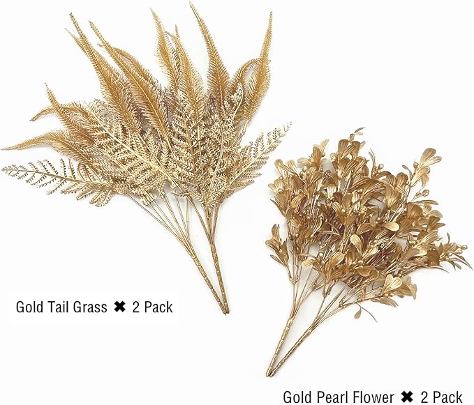 PASYOU Fake Plants Gold Flowers Bouquet Christmas Decoration, Artificial Shrubs Plastic Grass Leaves Indoor Outdoor Home Garden Party Hotel Verandah Wedding Event Faux DIY Table Decor - Golden 4 Pack