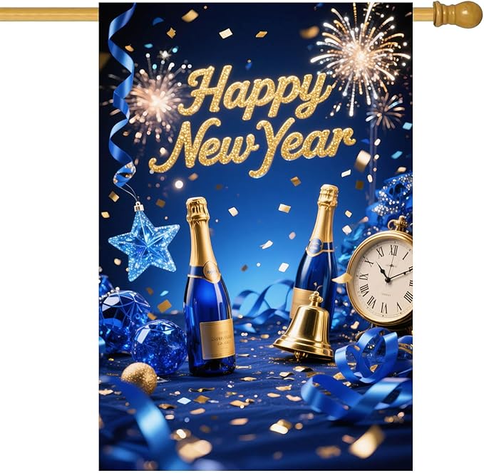Happy New Year House Flag 28x40 Inch Double Sided Garden Flag Blue Champagne Clock and Fireworks Design Winter Holiday Yard Banner Large Outdoor Flag for Porch Lawn Home Decoration