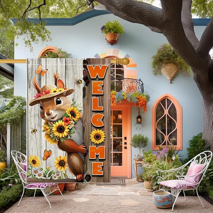 Welcome Garden Flag Vertical Double-Side Small Burlap sunflower Spring Summer Squirrel Garden Flags Yard Porch Outdoor Patio Lawn Decor Flags Decorations (RMQ-480D, 28"X40")