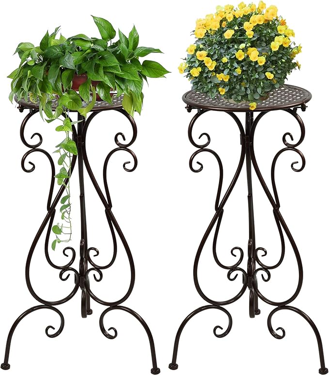 NAKUPE 2 Pack Plant Stands Indoor Outdoor, Metal Flower Pot Holder 22.5 inch Tall, Heavy Duty Pedestal Plants Stand for Patio Garden Porch Corner Balcony, Brown