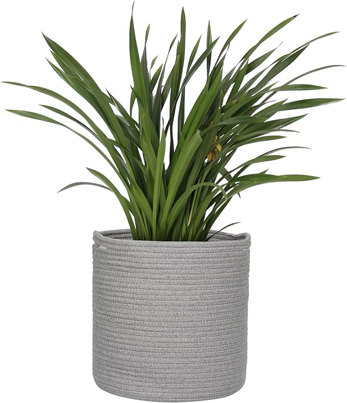 Grey Plant Basket, Woven Basket Planter for 10 inch Pot, Round Indoor Tree Pot Cover, Small Gray Storage Bin Organizer, Decorative Planter and Home Decor, 11”X11”