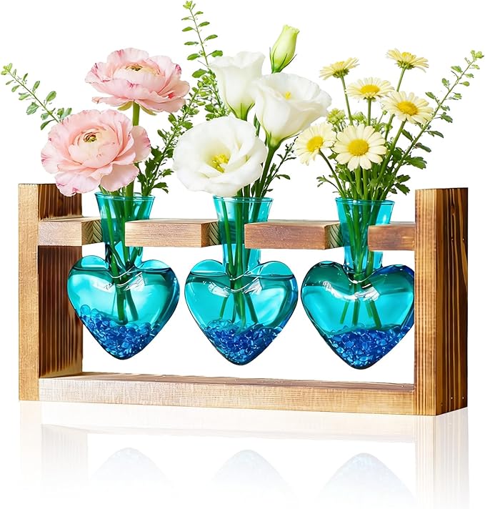 Nacome Plant Terrarium Propagation Stations: Valentines Day Gifts for Her Plant Lovers Women Mom Wife Daughter - 3 Bulb Glass Vase with Wooden Stand Tabletop for Hydroponics Indoor Office Home Decor