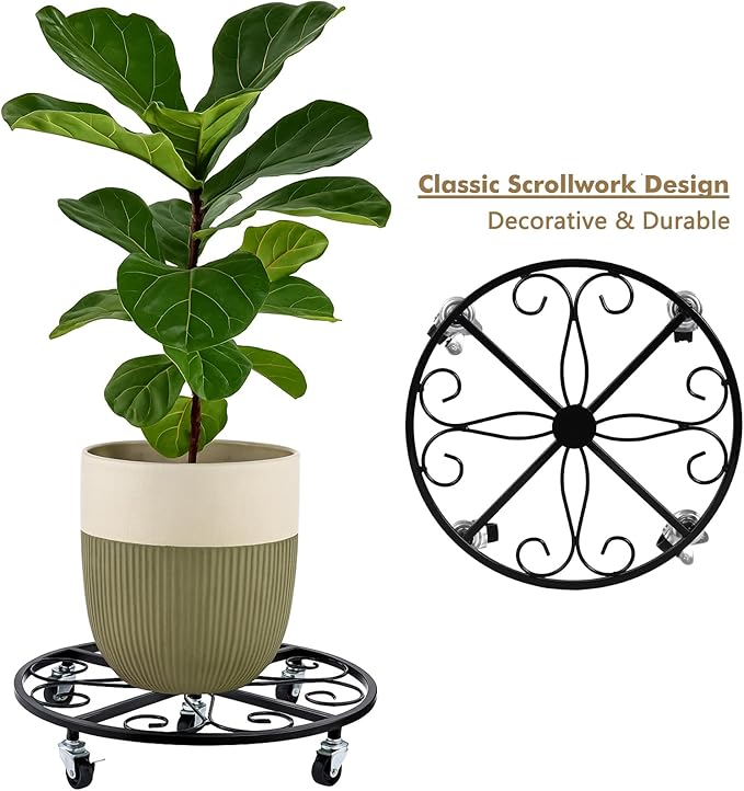 4 Pack Plant Caddy with Wheels 18 Inch Rolling Plant Stand for Large Plants Heavy Duty Plant Rollers Metal Plant Dolly Rustproof Planter Stand Wrought Iron Plant Stands Flower Cart Outdoor
