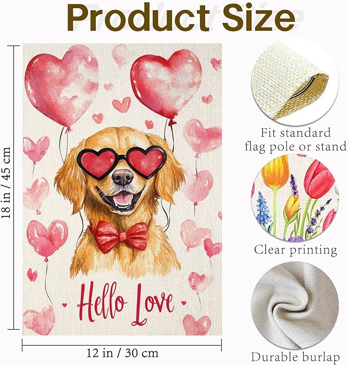 Valentine's Day Golden Retriever Hello Love Garden Flag, House Yard Plaid Love Heart Outside Decoration, Spring Holiday Wedding Anniversary Outdoor Small Decor 12x18(12627)