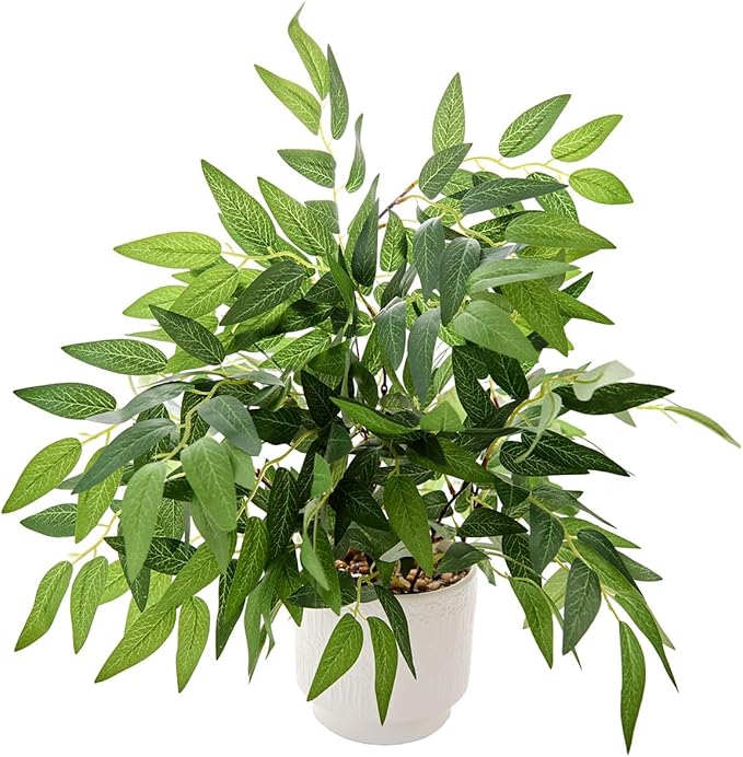 Ewtogift 17.7" Fake Willow Plant in White Textured Ceramic Planter Tall Artificial Greenery Faux Plant with Lifelike Leaves Elegant Indoor Plant Decor for Living Room, Office, or Bathroom