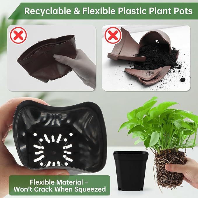 RooTrimmer 100 Pack Plant Nursery Pots 3.15 Inch, Durable Square Seedling Pots with Drainage Holes, Reusable Small Plastic Flower Pots for Seed Starting, Transplanting, Herb Garden