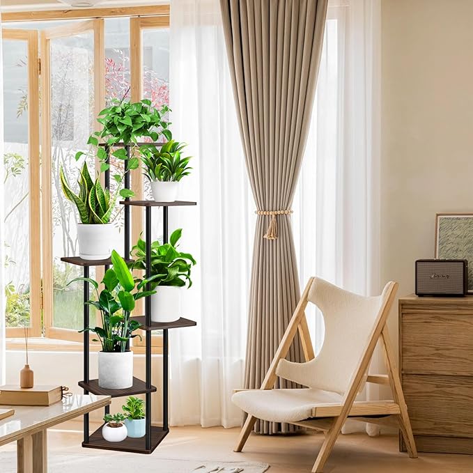 YOCOMEY 6 Tier Wood Tall Plant Stand Metal Rack Indoor, Multiple Flower Pot Holder Shelves Corner Rack, Planter Shelf Display Rack Storage Organizer for Patio Living Room Balcony Garden(Black Oak)
