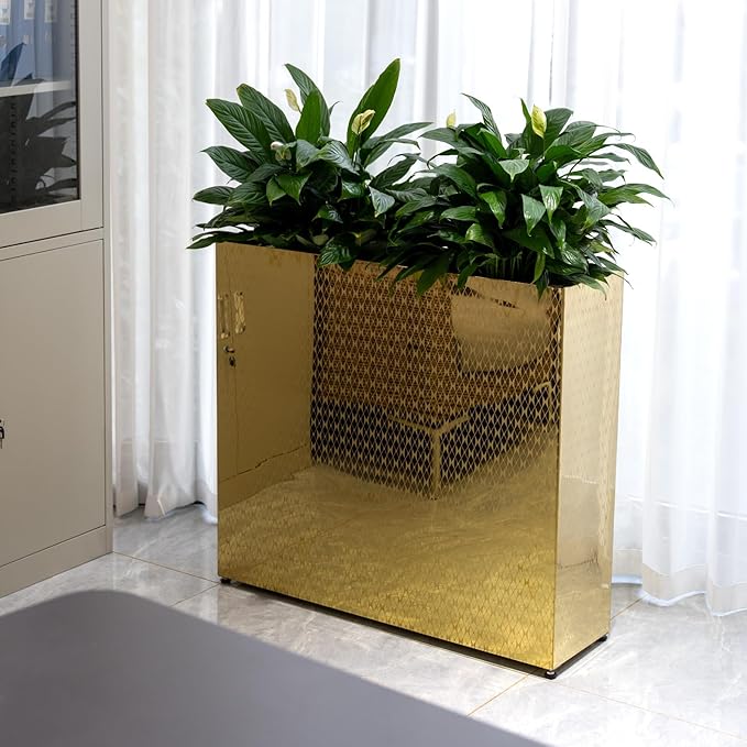 CYC Luxury Golden 30"H x 34"W x 10"D Stainless Steel Rectangular Tall Large Planter Box with Mirror Etching No Coating for Indoor or Outdoor Patio/Porch, Modern Décor for Tall Plants, Trees, Flowers
