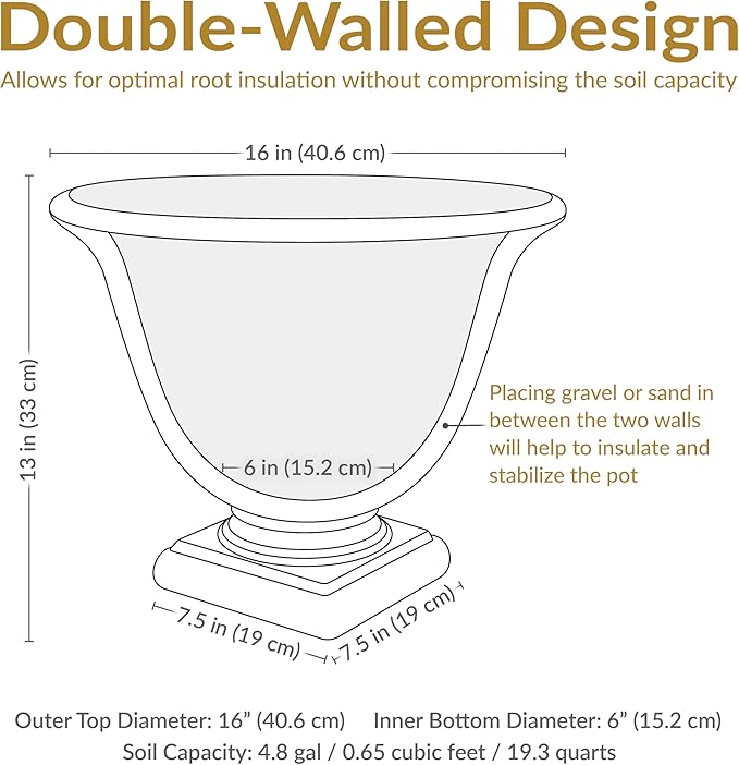 Sunnydaze 16-Inch Darcy Round Plant Pot - Polyresin Large Outdoor Urn Planter with Drillable Drainage Hole - Beige