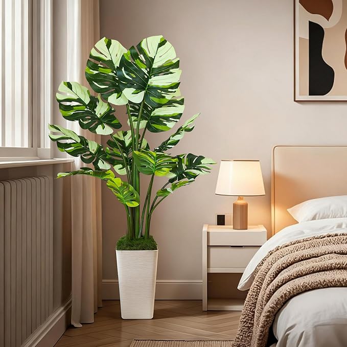 5FT Artificial Monstera Plant with Tall White Planter and Thread Moss, Realistic Faux Floor Tree with Large White Leaves for Indoor Outdoor Office Porch Living Room Corner Home Decor