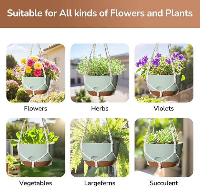 LESOASIS 12 Inch Hanging Baskets for Plants Outdoor, Hanging Planters for Indoor Outdoor Plants, Hanging Planter with Self Watering, Hanging Flower Pots (Green Planter with Macrame + Iron Hangers)