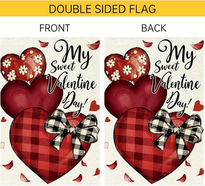 Valentines Day Garden Flag 12x18 Inch Double Sided Small Burlap Featuring Red Hearts and My Sweet Valentine Day Text for Outdoor Decor