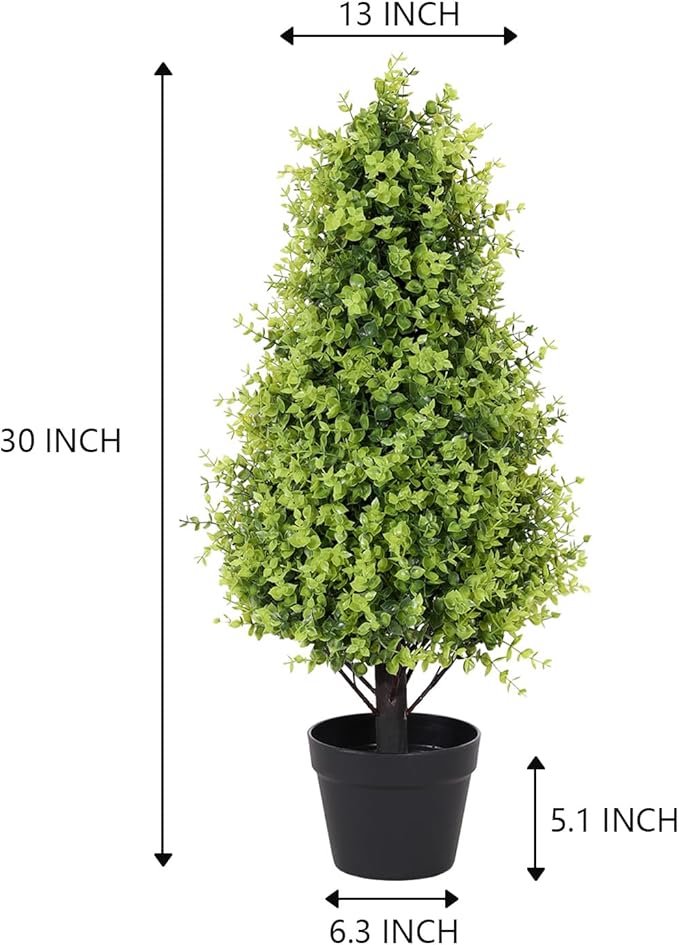 Binnny Flower 30" Tall Artificial Boxwood Topiary Trees, Set of 2 – UV Resistant Faux Evergreen Shrubs and Bushes for Outdoor Planters, Realistic Fake Plants for Front Porch Outside Patio Garden