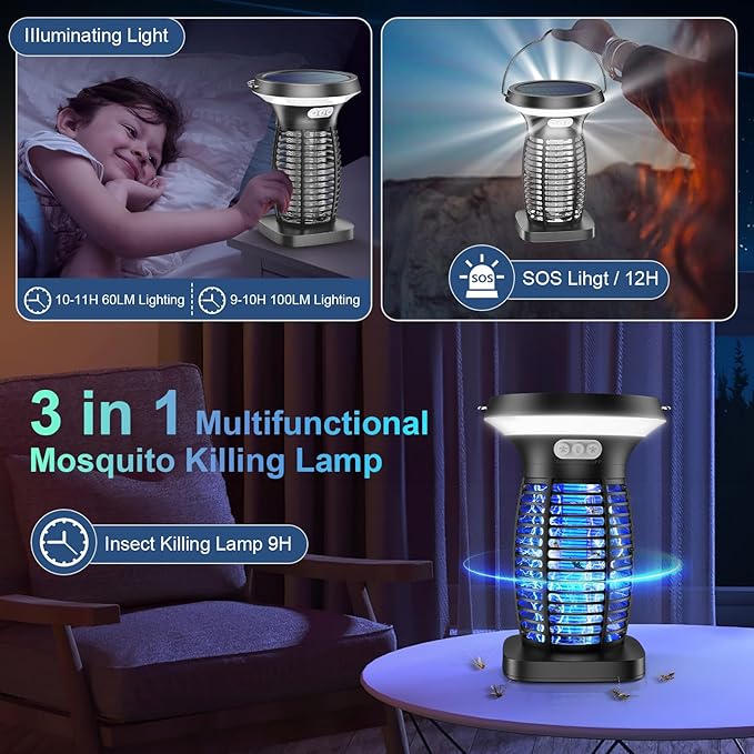 Solar Bug Zapper Outdoor, 3-in-1 Mosquito Zapper Outdoor Solar Powered, Cordless Electric Bug Zapper Indoor with Night Light, Waterproof Fly Zapper for Patio Backyard Home Kitchen Camping
