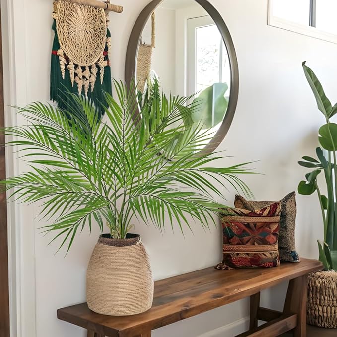 2PCS Artificial Palm Plant Leaves 27.5" Fake Tropical Areca Palm Bushes Tree Leaf Large Faux Greenery Stem Shrubs for Indoor Outdoor Home Garden Arrangement Jungle Safari Wedding Party Decor, 7 Leaves