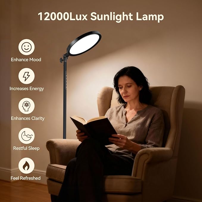 RICIAL Light Therapy Lamp,12000 Lux UV-Free Sun Lamp Full Spectrum Sunlight Lamp with 12" Panel/71 High/4 Color Temperature/5 Brightness/Remote Control, 2 in 1 Retractable Floor Light Therapy Lamp