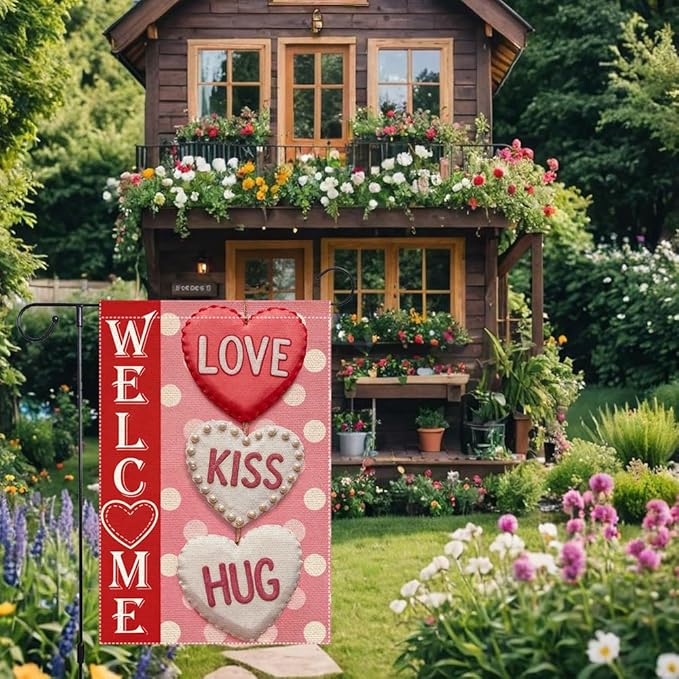 Welcome Love Kiss Hug Garden Flag Valentines Day Garden Flags 12x18 Inch Double Sided Small Burlap Valentine’s Day Seasonal Decor for Outdoor Yard Patio Porch