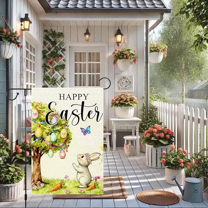 Happy Easter Garden Flag 12x18 Inch Double Sided Burlap Easter Watercolor Egg Tree Bunny Carrots Butterfly Outdoor Decor for Yard Patio Spring Easter Decor