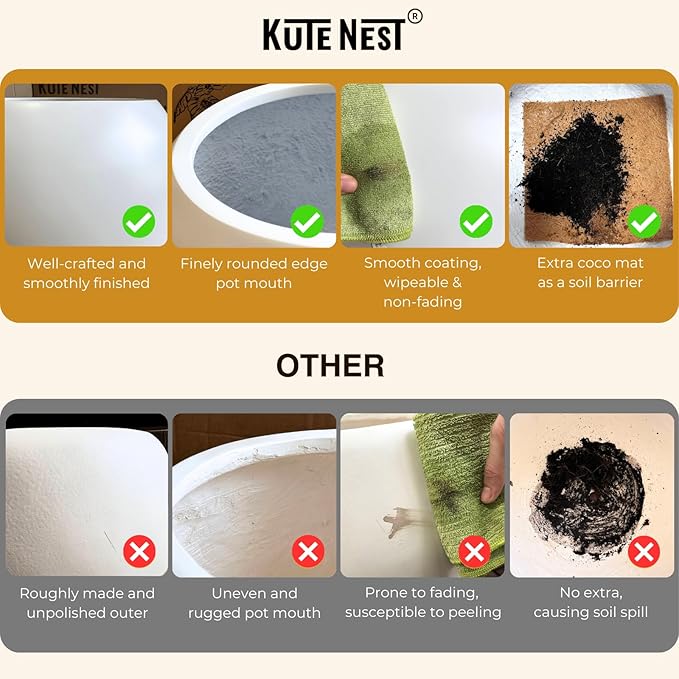 KUTE NEST 9.7" H x 12" D Globo Fiberstone Round Planter with Drainage Hole, Smooth Finishes, Weather Resistant for Indoor and Outdoor Use, Included 2 Extra Coco Mats (Red, 7.8" Pot Opening)