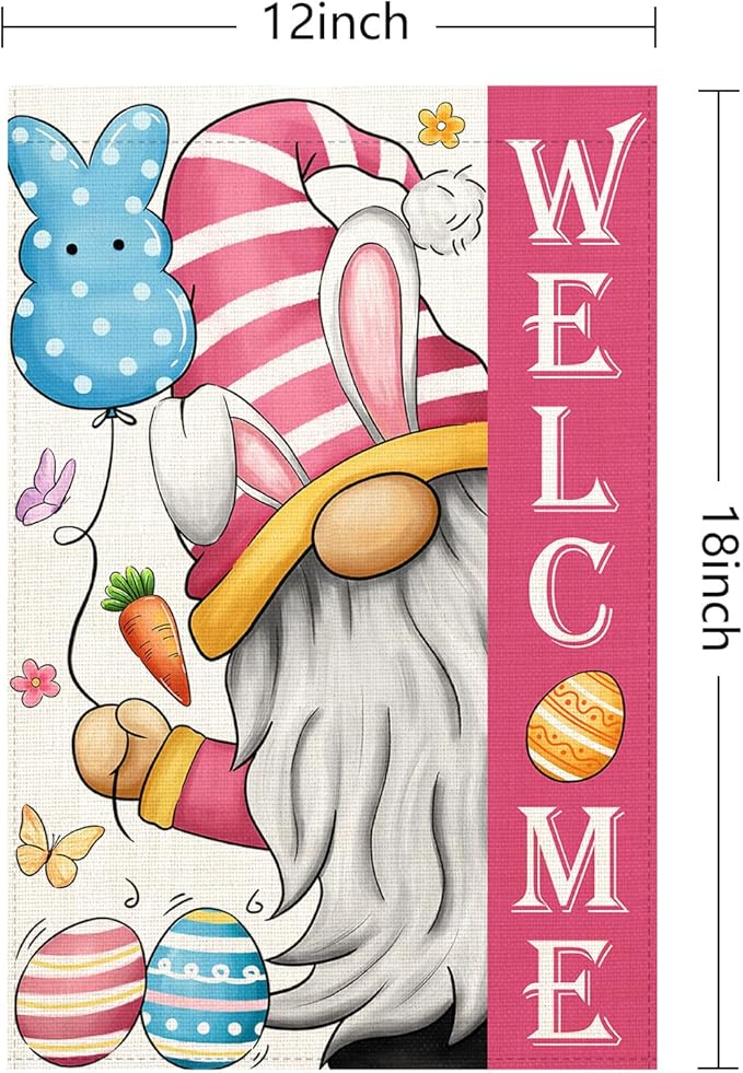 Welcome Easter Gnome Garden Flag 12×18 Inch Double Sided Vertical Spring Yard Outdoor Holiday Yard Lawn Garden Banner (Easter Garden Flag)