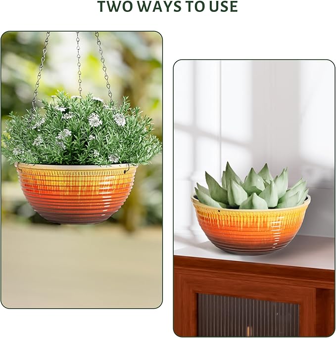 LESOASIS 10inch Hanging Planters for Indoor and Outdoor Plants, 2 Pack Hanging Planter with Drainage Hole, Round Hanging Flower Pots for Garden Home Decor (Orange Glaze)