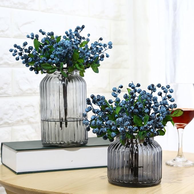 6 Pcs Artificial Blueberries Fake Blue Berries Fruit Blueberry Artificial Flowers Plant for Home Wedding Office Party Decor, 9.1 Inches