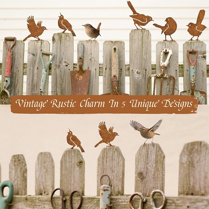 KIFEKKUL 5PCS Rusty Bird Decor, Garden Sculptures and Yard Art, Yard Decorations Outdoor, Metal Bird Wall Decor, Fence Decorations Outdoor, Rustic Garden Decor, Outdoor Statues, Metal Birds Yard Decor