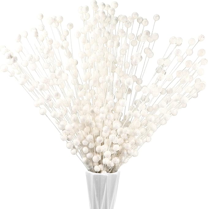 Syhood 200 Pcs Glitter Berry Stems, 13.8 Inches Christmas Berry Picks Holly Branches for Christmas Tree Decorations, Holiday Ornaments Home Decor and DIY Crafts(White)