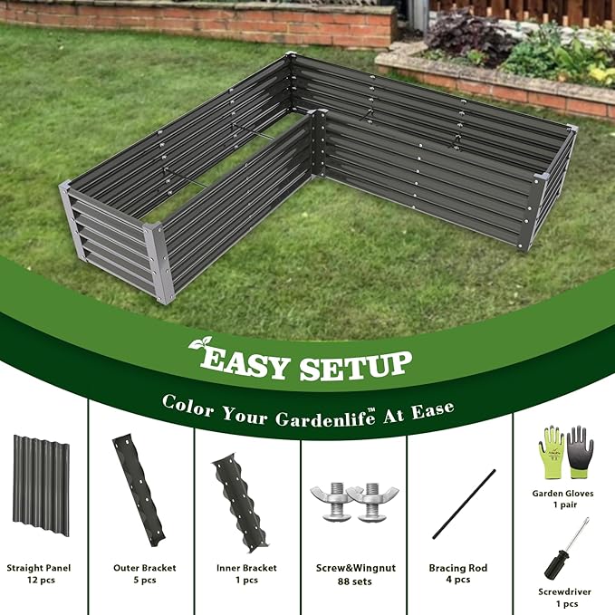 A ANLEOLIFE 4 Set L-Shaped Galvanized Raised Garden Beds Outdoor,74x74x18in Large Metal Planter Box for Planting Vegetables Flowers Herb, Anti-Rust & Easy-Setup, Quartz Grey