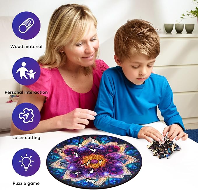 Delobil Jigsaw Puzzles for Adults, Colorful Mandala Flower Wooden Puzzles 200 Pieces, Geometric Art Blue Round Jigsaw Puzzles for Adults and Kids, Family Puzzle Games Gift 11.2 * 11.2